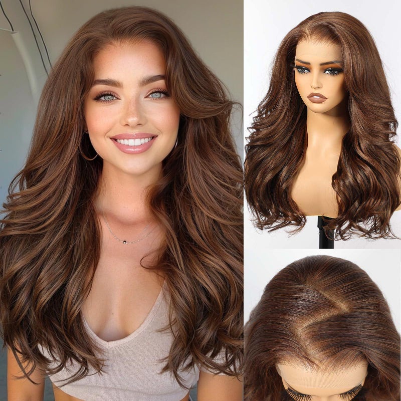 باروكة HAIRCUBE 13x6 HD مصنوعة من الدانتيل الصناعي 24 بوصة بني شوكولاتة طويلة ومجعدة ومتدرجة بكثافة طبيعية لخط الشعر باروكات بدون لاصق للاستخدام اليومي للنساء